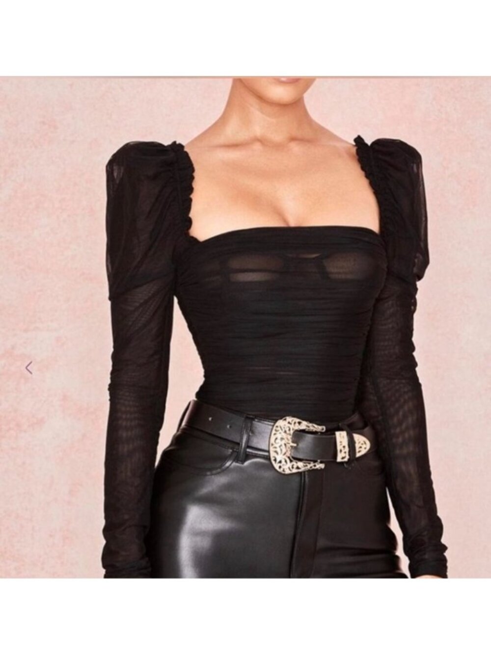 House of Cb Emme Black Sheer Ruched puff Sleeve Body suit size Small Sexy